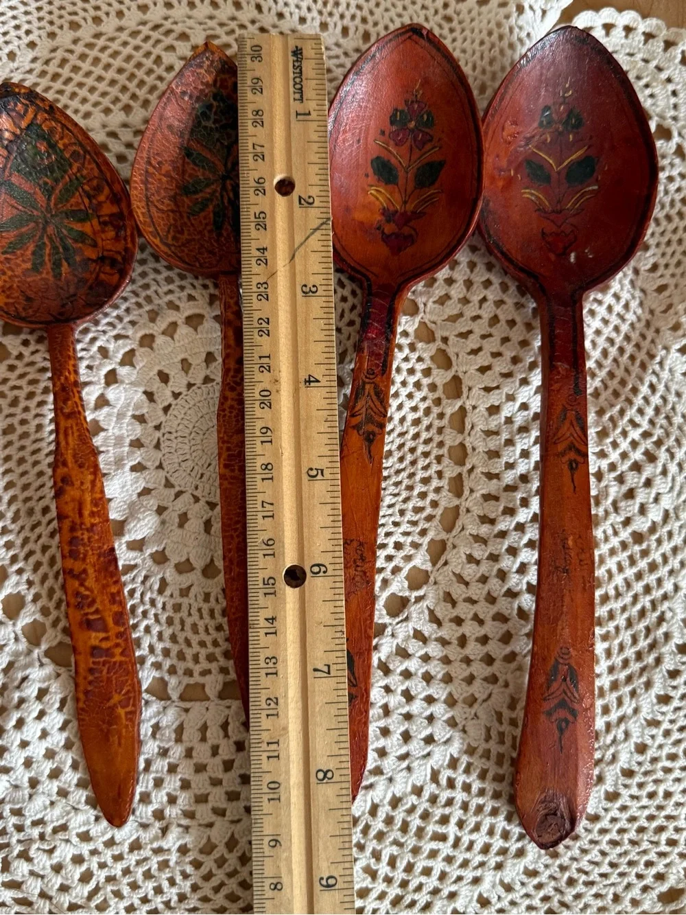 Vintage Scandanavian Folk Hand Painted and Carved Wooden Primitive Spoons